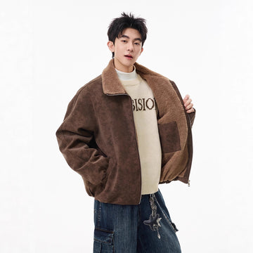 Men’s American-Style Fleece-Lined Lapel Cotton Coat with Tie-Dye PU Leather